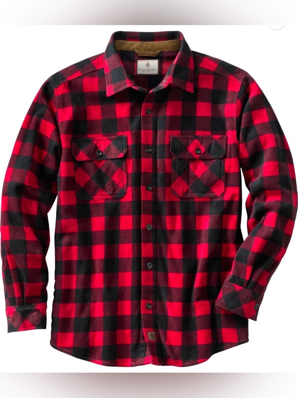 Legendary Whitetails Mens Flannel Shirt L Red Black Buffalo Plaid Corduroy Trim